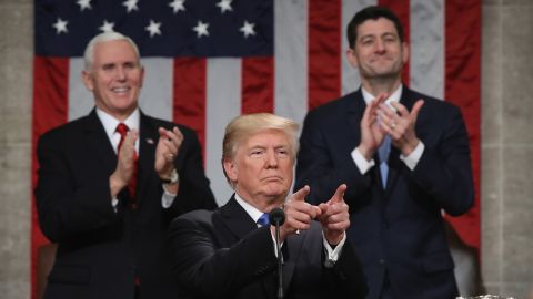WASHINGTON, DC - JANUARY 30: U.S. President Donald J. Trump delivers the State of the Union address as U.S. Vice President Mike Pence (L) and Speaker of the House U.S. Rep. Paul Ryan (R-WI) (R) look on in the chamber of the U.S. House of Representatives January 30, 2018 in Washington, DC. This is the first State of the Union address given by U.S. President Donald Trump and his second joint-session address to Congress. (Photo by Win McNamee/Getty Images)