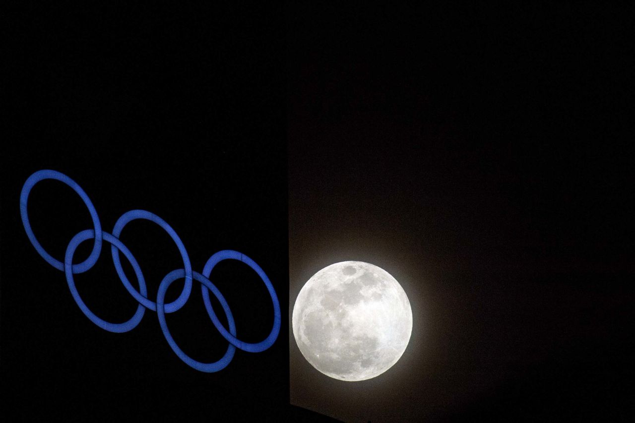 The supermoon rises over an Olympic rings installation at the Alpensia Ski Jumping Center, a venue of the upcoming Winter Olympic Games in Pyeongchang, South Korea.
