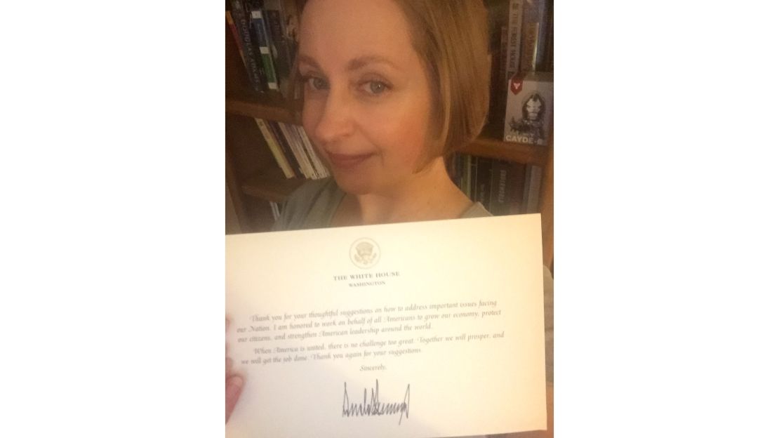 Kane with one the postcards she received from the White House.