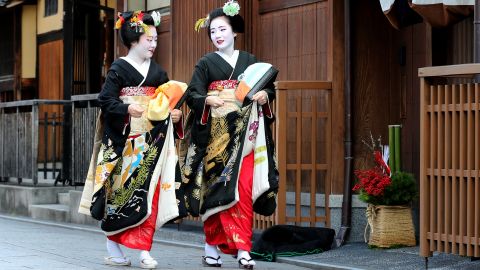 KYOTO, JAPAN - JANUARY 07:  Japanese traditional female dancers, maikos, and performers, geikos walk in the street during the new year's ceremony at the Gion Kobu Kaburenjo Theater on January 7, 2016 in Kyoto, Japan. At the new year's ceremony, maikos, geikos, and the masters of their schools all gather in one place and celebrate the start of new year's operation and announce the best performing dancers, performers, and best tea houses of the previous year.  (Photo by Buddhika Weerasinghe/Getty Images)