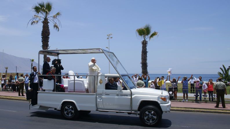 During his January 2018 visit to the city of Iquique, Chile, Pope Francis waves from the back of a modified Toyota popemobile. Take a look at how the Pope's wheels have evolved over the years.<br /><br /><em>To learn more about the history of the papacy, watch the new CNN Original Series, </em><a href="index.php?page=&url=https%3A%2F%2Fwww.cnn.com%2Fshows%2Fpope"><em>"Pope: The Most Powerful Man in History,"</em></a><em> Sundays at 10 p.m. ET/PT.</em>