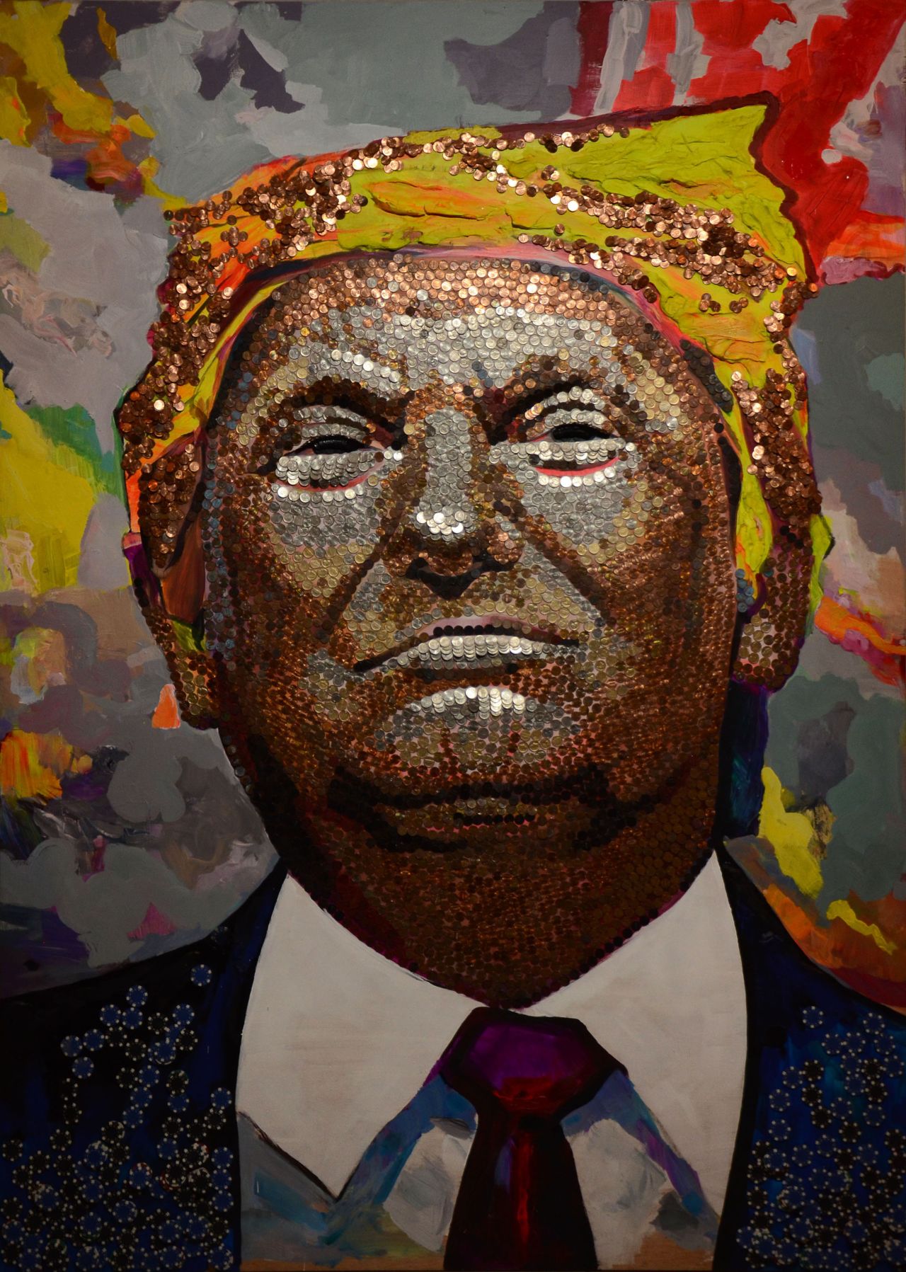 A giant portrait of Trump made from hundreds of pennies