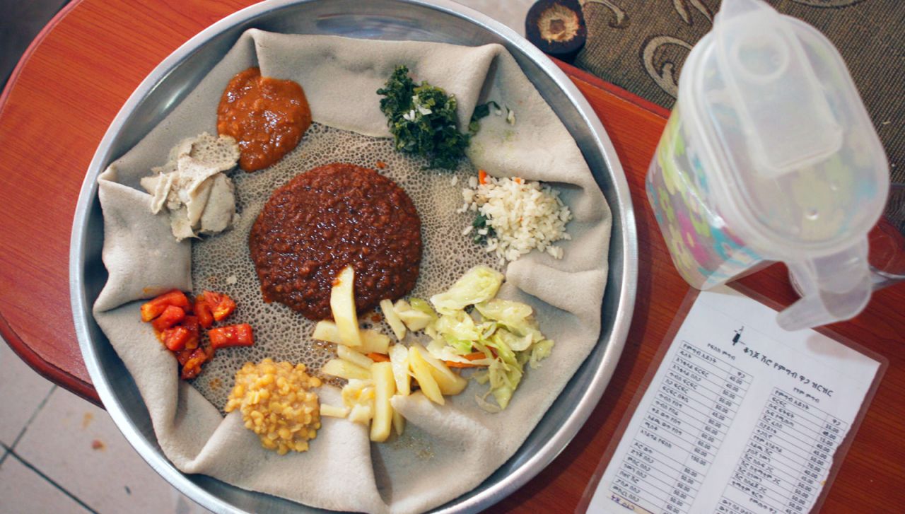 <strong>National dish: </strong>Ethiopia's staple is injera, a spongy pancake-like bread made out of teff flour. It is usually piled with various meats, vegetables and delicious hot sauces. 