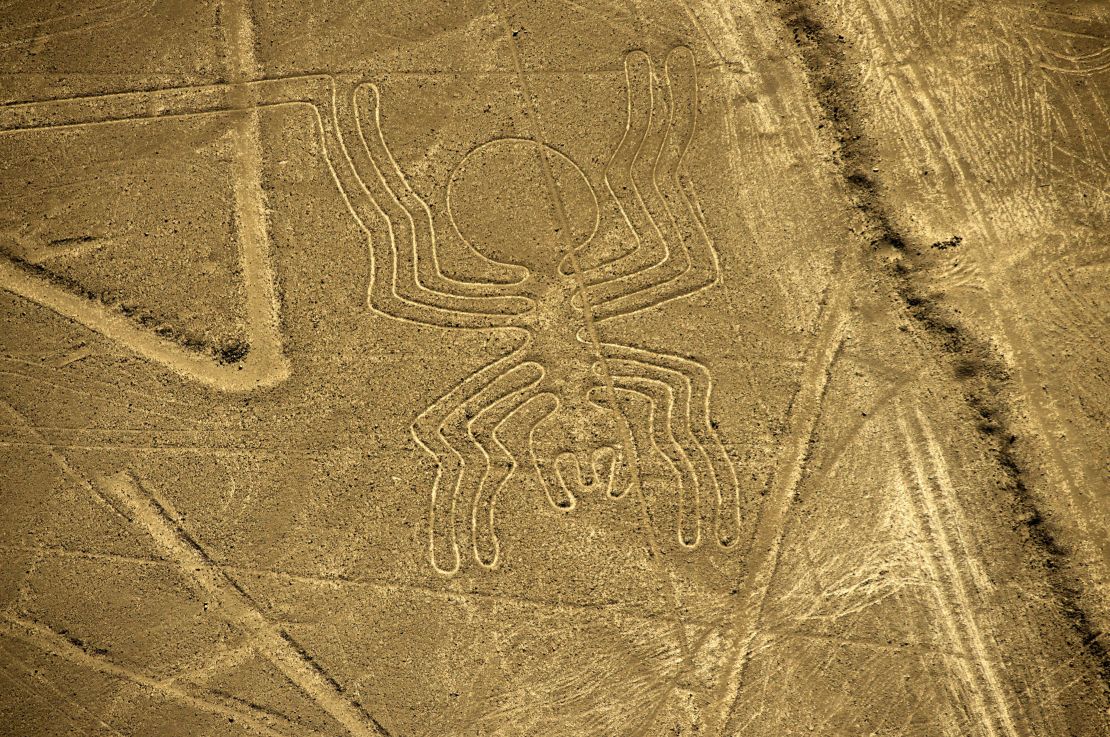 An aerial view of the Spider geoglyph, part of the mysterious Nazca Lines in Peru.