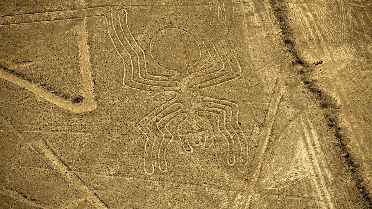 An aerial view of the Spider geoglyph, part of the mysterious Nazca Lines in Peru.