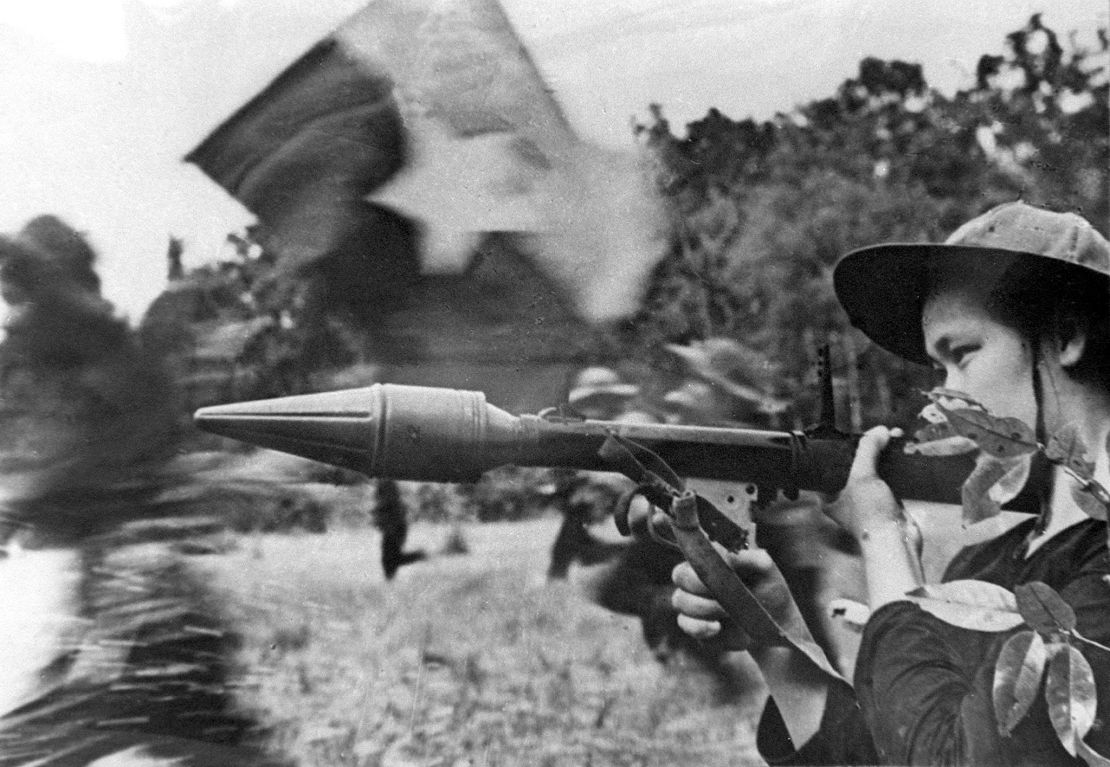 A female Viet Cong soldier seen in action with an anti-tank gun during the Tet Offensive in early 1968.
