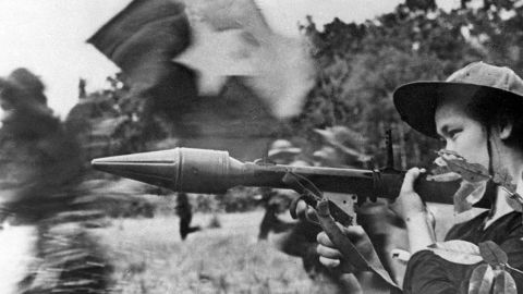 A female Viet Cong soldier seen in action with an anti-tank gun during the Tet Offensive in early 1968.