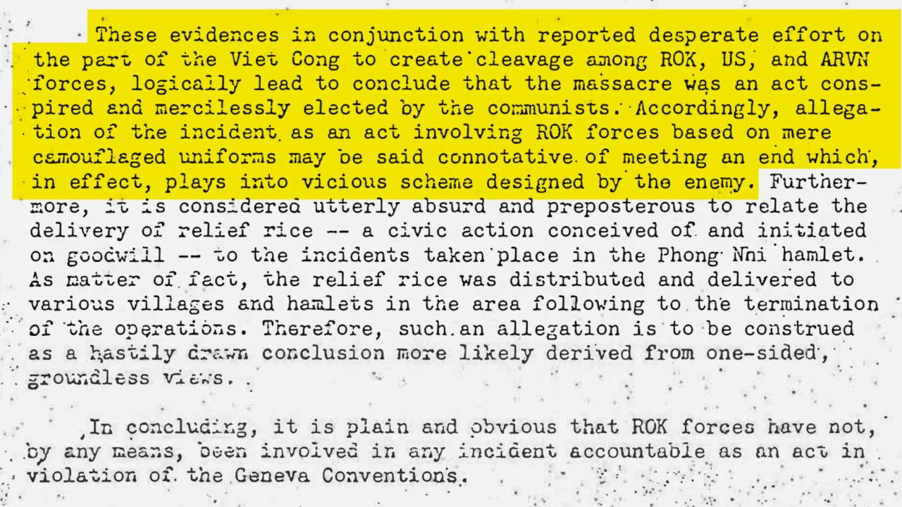 In a letter from South Korea Lt. Gen. Chae Myung-shin to US commander Gen. William Westmoreland, Chae accused Viet Cong guerillas of carrying out the Phong Nhi massacre. Original image altered for clarity. 