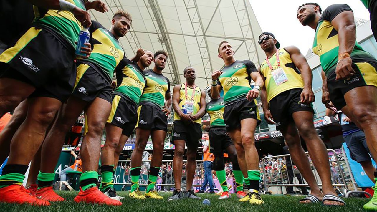 Jamaican players huddle for a team talk in Hong Kong last year.