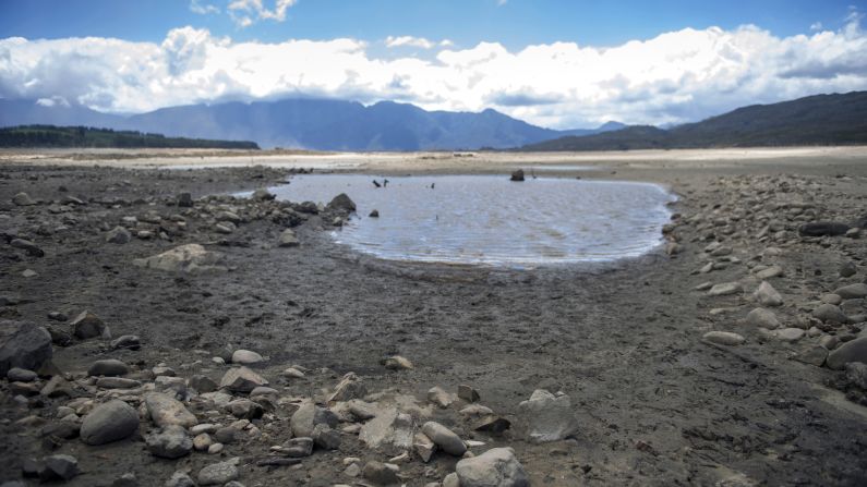 Cape Town's main water supply, from the Theewaterskloof dam outside Grabouw, is seen drying up on January 23.