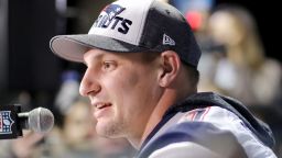 BLOOMINGTON, MN - FEBRUARY 01:  Rob Gronkowski #87 of the New England Patriots speaks to the press during the New England Patriots Media Availability for Super Bowl LII at the Mall of America on February 1, 2018 in Bloomington, Minnesota.The New England Patriots will take on the Philadelphia Eagles in Super Bowl LII on February 4.  (Photo by Elsa/Getty Images)