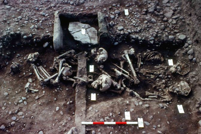 This image from 1982 shows a grave of four juveniles, ages 8 to 18, that was uncovered. The deaths were traumatic and believed to be ritualistic, accompanying the dead Vikings in the afterlife.
