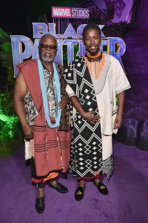South African actors John Kani and Atandwa Kani were wearing MaXhosa by Laduma Shawls, inspired by their regal roles in Black Panther.
