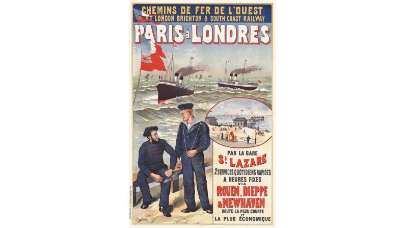 <strong>1. Southern and Western Europe: </strong>Travel posters boasted of rapid voyages aboard modern steamships, shown here on a route that linked Paris and London by rail and water. Tourists could then continue to England's southern coast, including the seaside resort of Brighton.  