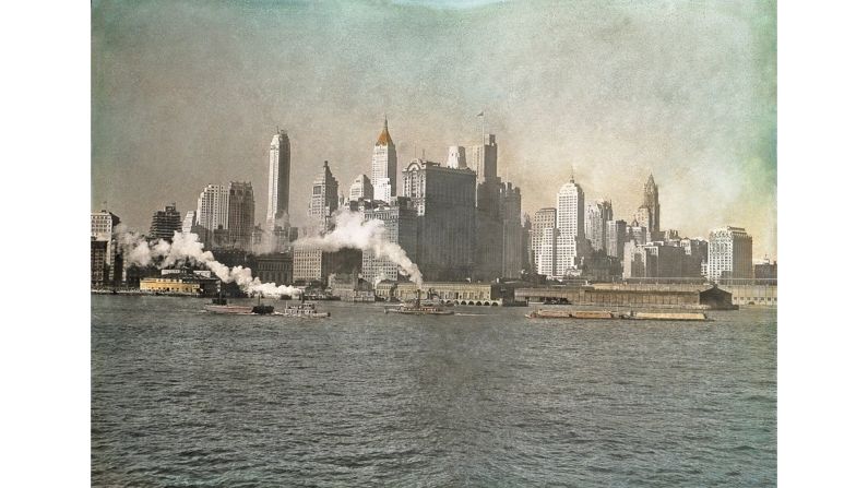 <strong>6. New World and Africa Discovery</strong>: In this image, 1930s New York City is shown on a hand-colored lantern slide. An early technology for projecting images, lanterns were invented in the 17th century, and they remained popular through the mid-19th century. 