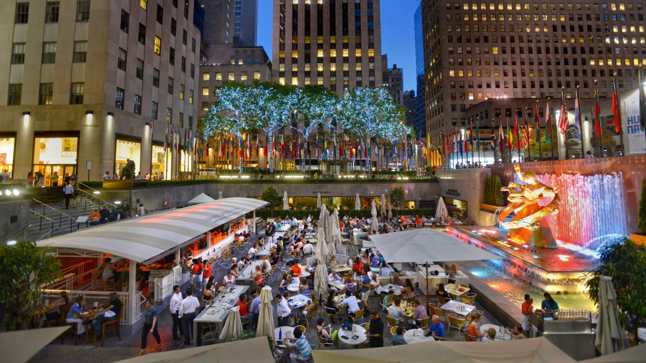 When it's too warm to skate, the rink is transformed into the Summer Garden & Bar at Rock Center Café, an open-air lounge serving cocktails and nibbles. 