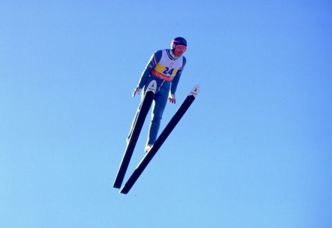 Eddie Edwards of Great Britain in action during the 90 metres Ski Jump event at the 1988 Winter Olympic Games in Calgary, Canada.