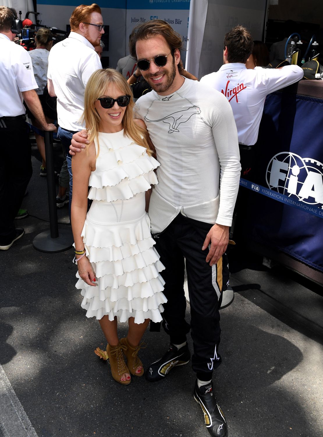 Kylie Minogue shares a moment with Jean-Eric Vergne of France ahead of the fourth round of the FIA Formula E championship in Santiago.  