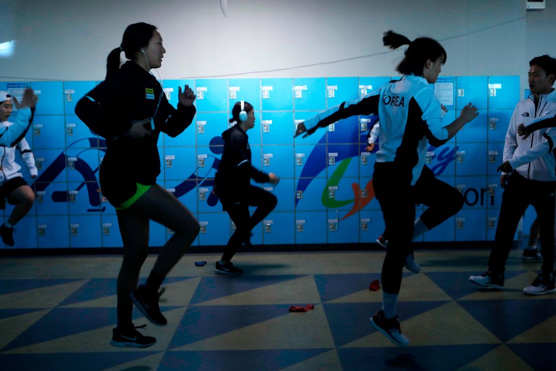 The Korean team warms up before the friendly match at Seonhak International Ice Rink on February 4, 2018 in Incheon.