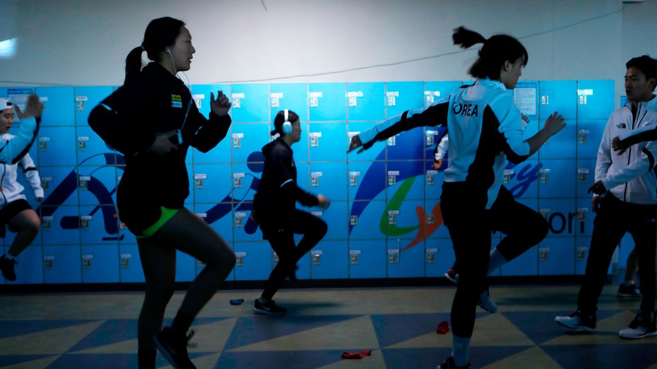 North and South Korean women's ice hockey players (pictured warming up before the match) last played against each other in April 2017. 