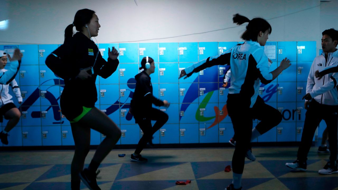 North and South Korean women's ice hockey players (pictured warming up before the match) last played against each other in April 2017.