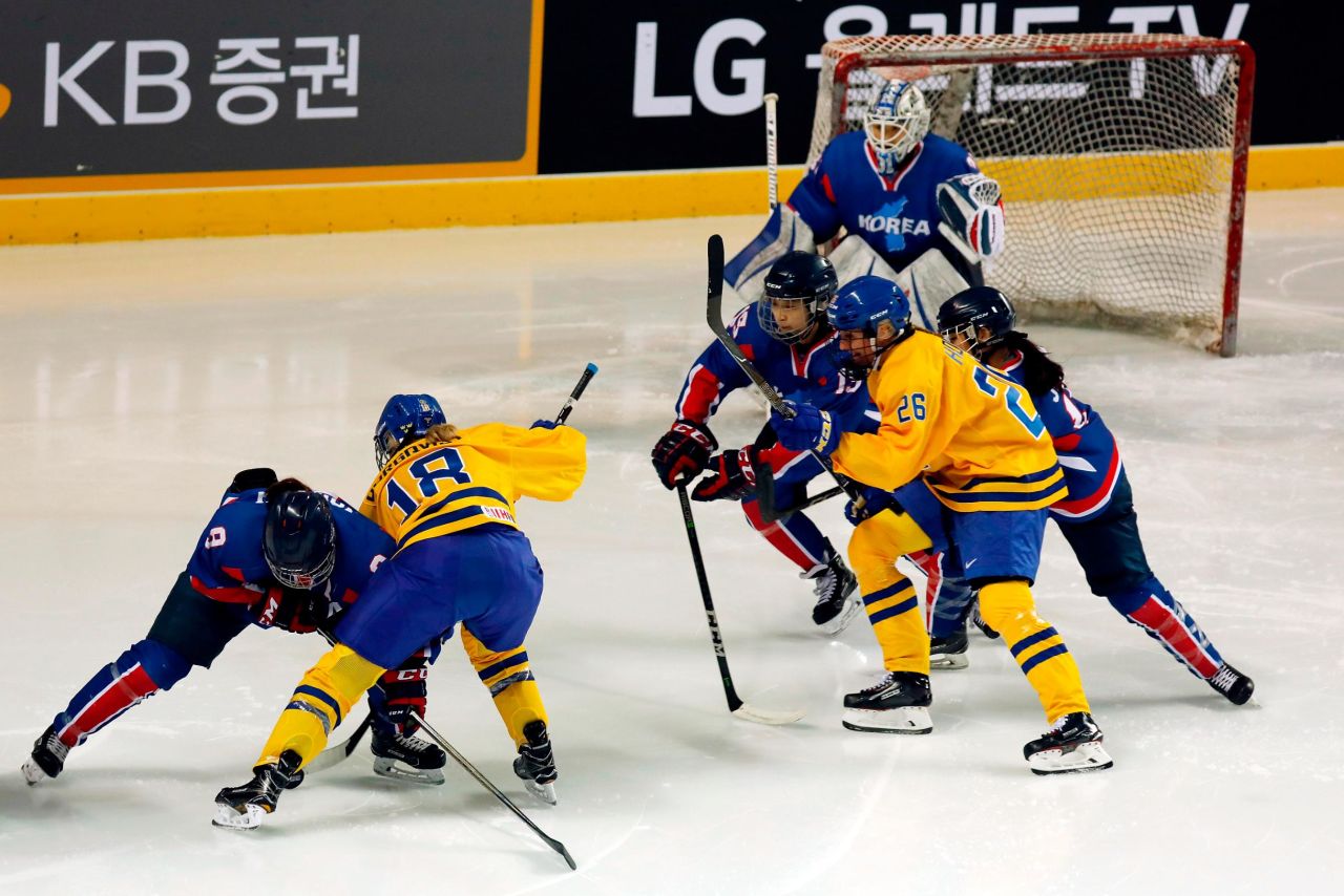 The athletes of Team Korea in action during the Women's Ice Hockey friendly match against Sweden at Seonhak International Ice Rink on February 4, 2018 in Incheon, South Korea. The friendly match was held ahead of the Olympic Games where South and North Korea competes for the first time as a unified team in a sport at the Olympic Games. 