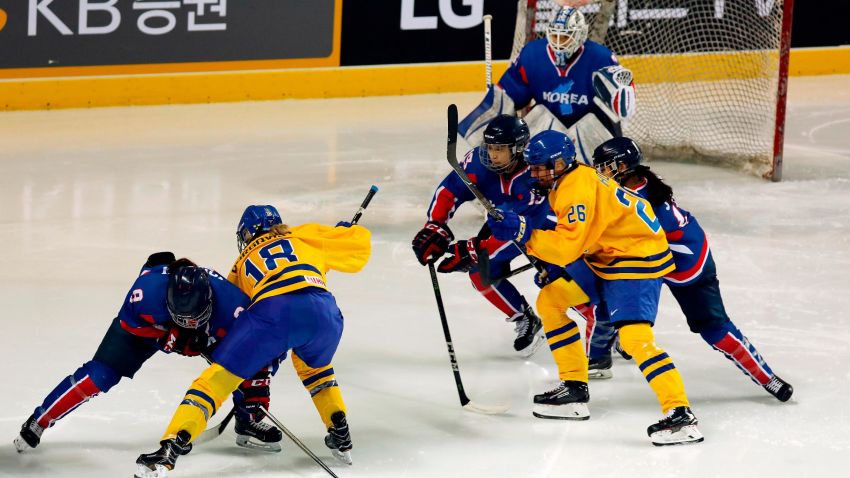 INCHEON, SOUTH KOREA - FEBRUARY 04:  The athletes of Team Korea in acgtion during the Women's Ice Hockey friendly match against Sweden at Seonhak International Ice Rink on February 4, 2018 in Incheon, South Korea. The friendly match was held ahead of the Olympic Games where South and North Korea competes for the first time as a unified team in a sport at the Olympic Games. 4 North Korean athletes; Suhyun Jong No.26, Songhui Ryo No.14, Unhyang Kim No.4 and Chunggum Hyong No. 30 got position on the Starting Line-up.  (Photo by Woohae Cho/Getty Images)