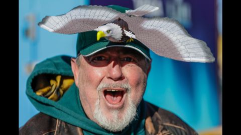 An Eagles fan shows his support at the game.