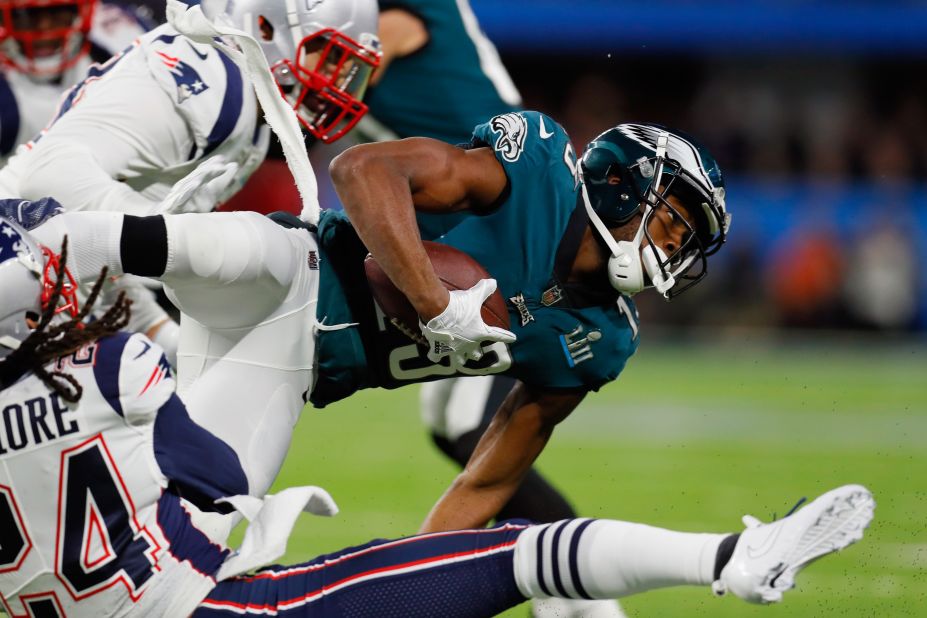 Philadelphia's Nelson Agholor is tackled on the first drive. The Eagles scored a field goal.