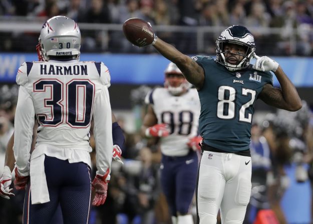 Eagles wide receiver Torrey Smith celebrates a first-down catch on the opening drive.