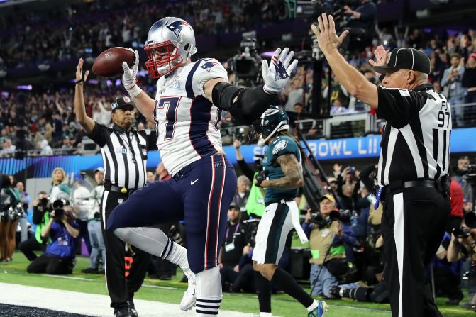 Gronkowski does a celebration dance in the end zone.