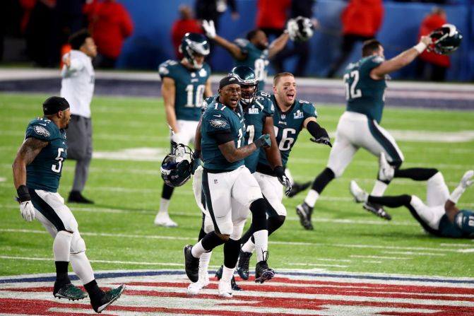 The Eagles run onto the field after the final seconds ticked off the clock. The game was played at US Bank Stadium in Minneapolis.