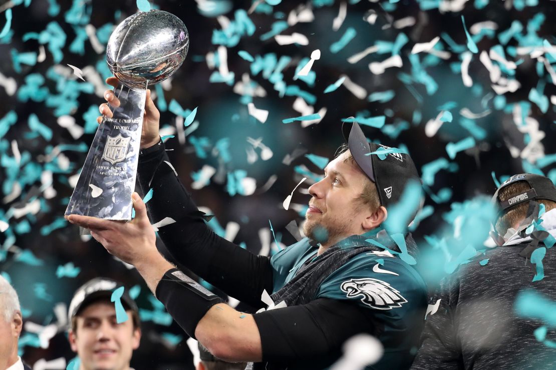 Nick Foles of the Philadelphia Eagles celebrates with the Vince Lombardi Trophy.