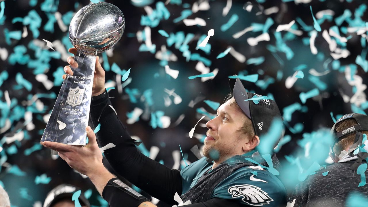 Nick Foles of the Philadelphia Eagles celebrates with the Vince Lombardi Trophy.