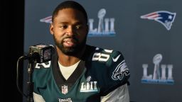 \Torrey Smith #82 of the Philadelphia Eagles speaks to the media during Super Bowl LII media availability on January 31, 2018 at Mall of America in Bloomington, Minnesota.