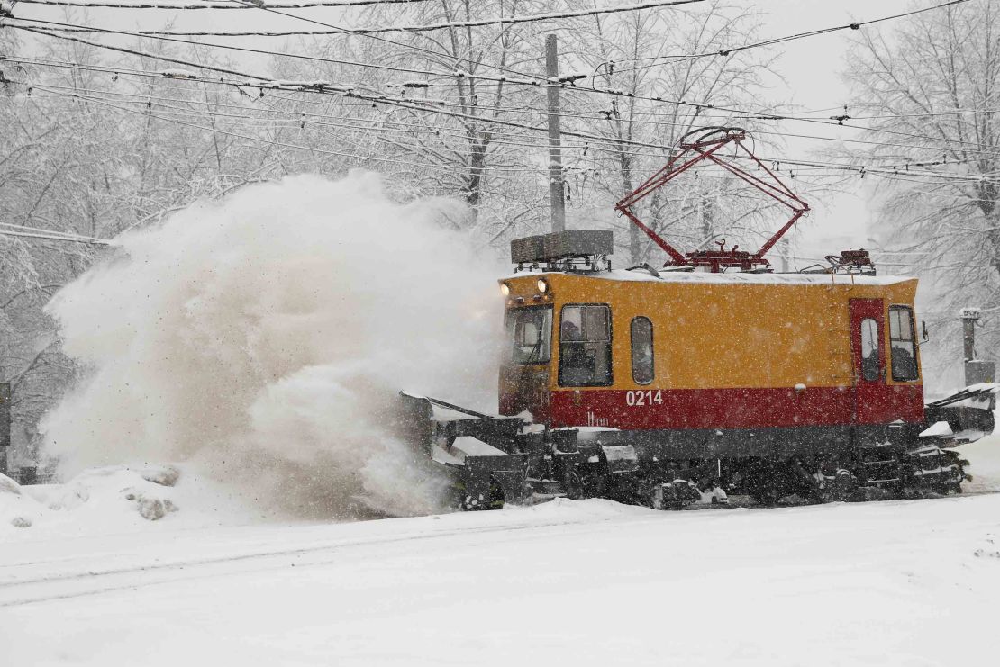 A tramway track is cleared of snow.