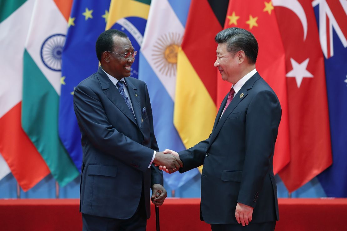 Chinese president Xi Jinping (right) shakes hands with the president of Chad, Idriss Deby, at the G20 Summit in Hangzhou, in 2016. 