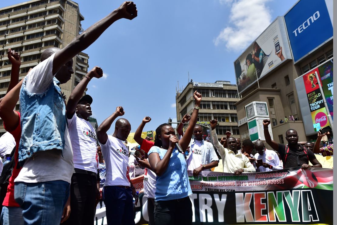Activists demonstrate in the streets of Nairobi on Monday against the shutdown of several TV channels over their opposition coverage.