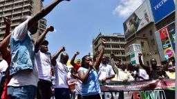 Civil rights activists demonstrate on February 5, 2018 in the streets of Nairobi to protest against the shutdown of three major TV channels to stop them from broadcasting  a "swearing-in" of opposition leader on January 30.
Kenyan police detained three government critics in four days and blocked three major TV channels to stop them from broadcasting on January 30 a "swearing-in" of opposition leader as the "people's president", in a fresh challenge to President's re-election last year. / AFP PHOTO / TONY KARUMBA        (Photo credit should read TONY KARUMBA/AFP/Getty Images)