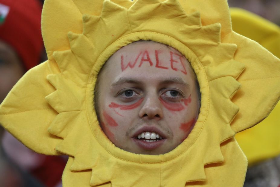 A happy Wales fan takes in the action in Cardiff as Wales trounce Scotland.