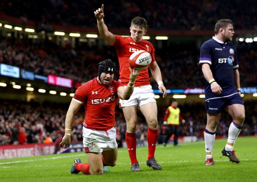 Leigh Halfpenny scored two tries for the rampant Welsh.
