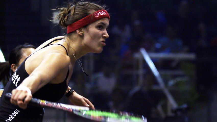 PENANG, MALAYSIA - MARCH 20: Samantha Cornett of Canada plays a backhand shot to Low Wee Wern of Malaysia during the Round of 16th of the CIMB Women's World Championship at the Spice Arena on March 20, 2014 in Penang, Malaysia. (Photo by Stanley Chou/Getty Images)
