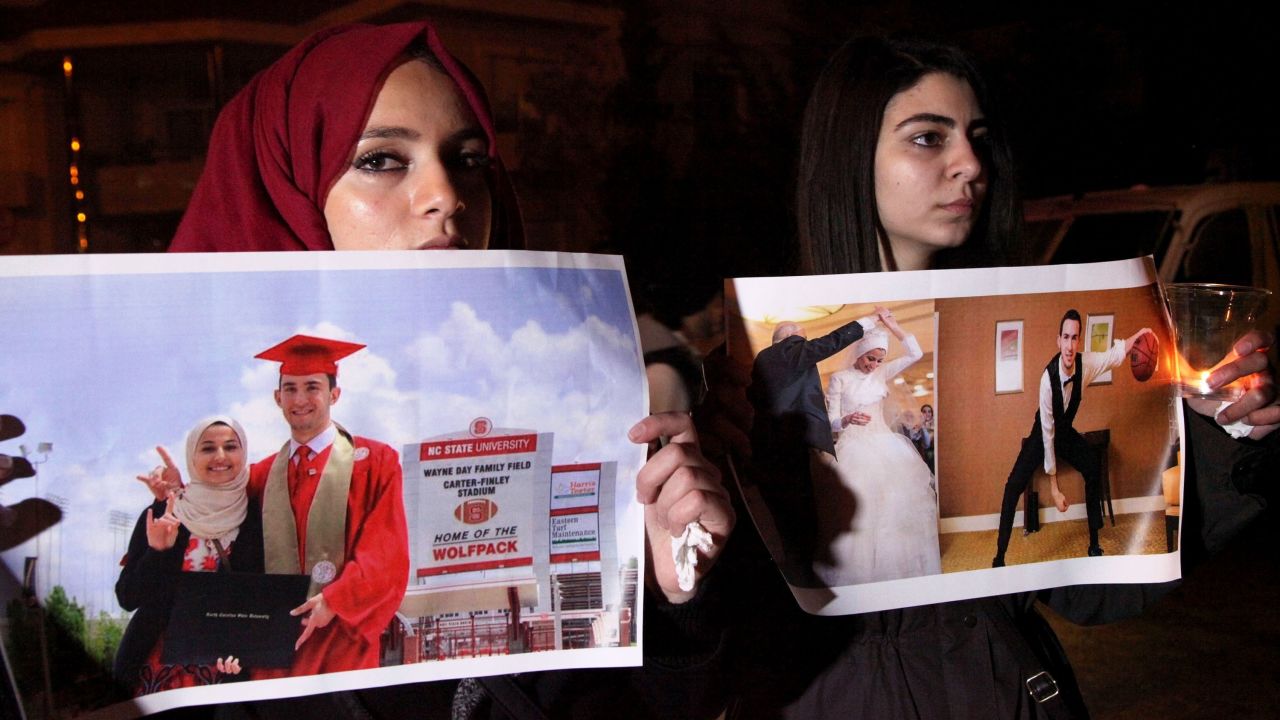The news of the UNC killings reverberated throughout the Muslim world. Here, women attend a rally in Amman, Jordan.