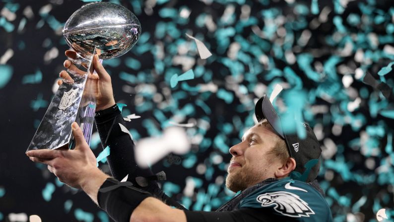 Philadelphia quarterback Nick Foles raises the Vince Lombardi Trophy after the Eagles won the <a target="_blank">Super Bowl</a> on Sunday, February 4. Foles threw for three touchdowns -- and even caught one -- in the Eagles' 41-33 victory over New England. He was named the game's <a target="_blank">Most Valuable Player.</a>