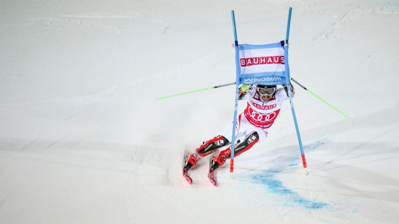 Austrian skier Marcel Hirscher competes in a parallel slalom race in Stockholm, Sweden, on Tuesday, January 30.