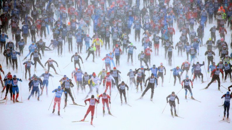 Cross-country skiers take part in a mass start race in Khimki, Russia, just outside of Moscow, on Sunday, February 4.