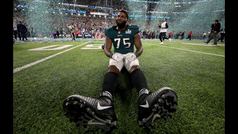 Philadelphia defensive end Vinny Curry gets emotional after his team won the Super Bowl on Sunday, February 4.