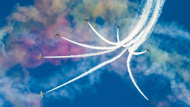 The United Arab Emirates' national aerobatic team performs at the Red Bull Air Race World Championship, which took place in the Emirati capital of Abu Dhabi on Saturday, February 3.