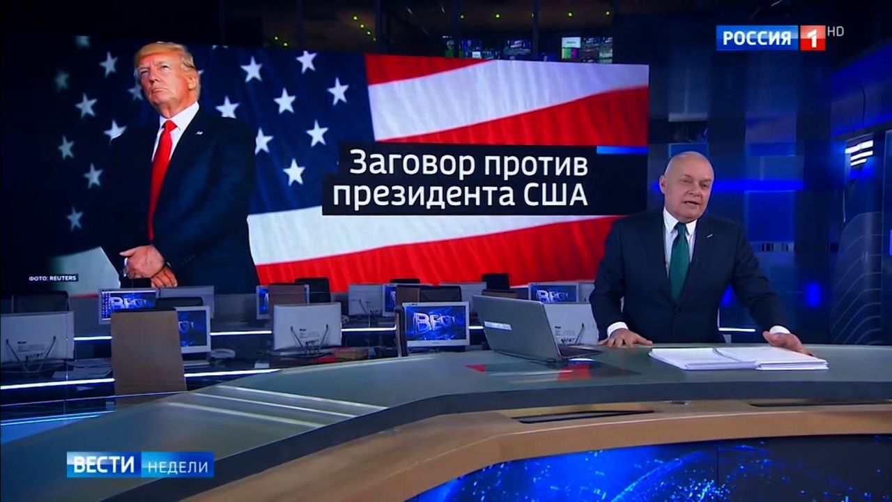 RT anchor introduces the segment in front of a background that reads: "A conspiracy against the president of the USA."  video here https://www.youtube.com/watch?v=7wlSu4nJcic 1 19 46   Kiselyov's intro:  "Big scandal in the United States. Turns out that by the fall of 2016 a conspiracy formed against then-candidate Donald Trump in the US special services. And the efforts undermining Trump continued even after his victory. Unthinkable! Special services against the president of the country. New details of this story came to light yesterday. Valentin Bogdanov reports from the US. [goes into a package]  The package is a rehash of the Trump election, Nunes memo, Carter Page, etc., casting it as a conspiracy against Trump by American "siloviki" -- the word Russians use to describe the power ministries here (security services, military, etc.). No new claims in the package, it just explains the memo, the faceoff between the FBI and Trump, etc.