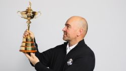 LONDON, UNITED KINGDOM - DECEMBER 07:  Thomas Bjorn poses with the Ryder Cup trophy as he is named 2018 Europe Ryder Cup Captain at Hilton Heathrow T5 on December 7, 2016 in London, England. The 2018 Ryder Cup will be held at Le Golf National in Guyancourt, France.  (Photo by Andrew Redington/Getty Images)